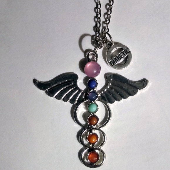 ⚕️ Medic Alert Necklace - Diabetic Charm & Bright Caduceus Staff on 22" Chain - Picture 1 of 4